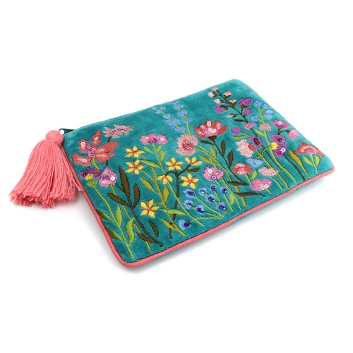 Turquiose Velvet, Floral Embellished Zip Purse by Peace of Mind